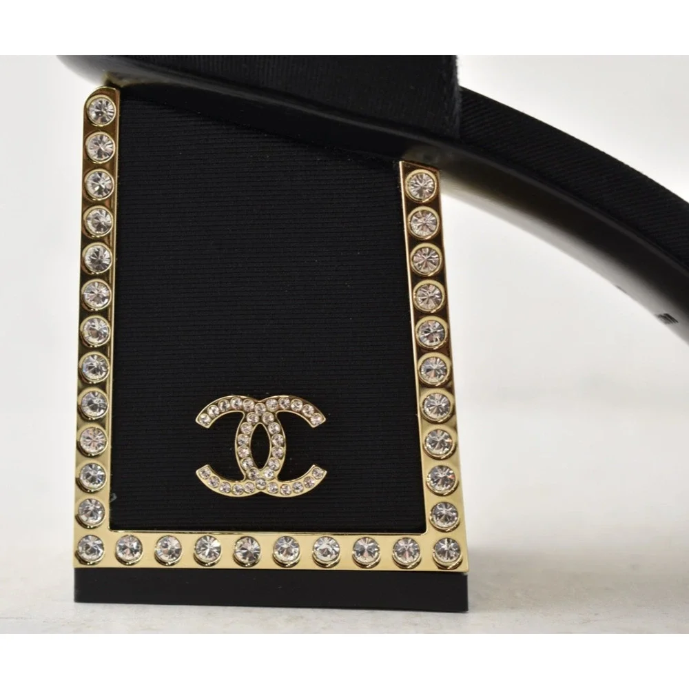 Chanel 24B Black Crystal CC Logo Gold Mary Jane Ankle Strap Block Heel Pumps 40 - Picture 7 of 16